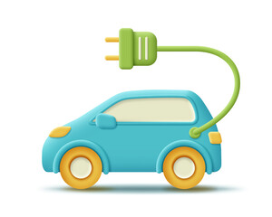 3D electric car with power cable, ecology icon. Render electric car for eco-friendly concept, protect environment, global warming, alternative fuel. 3d vector cartoon minimal illustration.