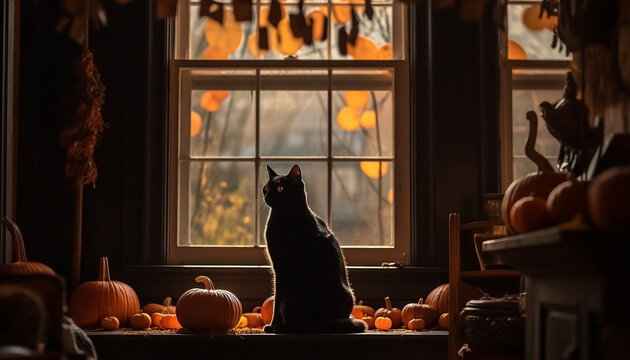 Cute kitten sitting on table, looking out window at spooky autumn night generated by AI