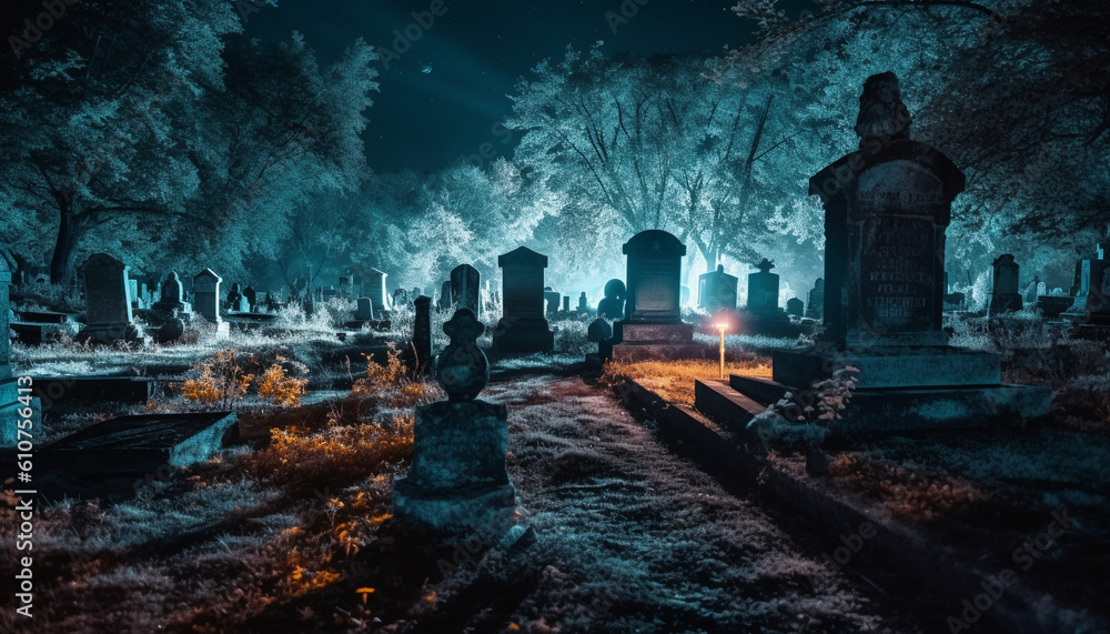 Poster dark tombstone marks spooky grave of old night horror and religion generated by ai