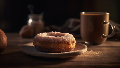 Indulgent gourmet snack baked donut with chocolate icing and coffee generated by AI