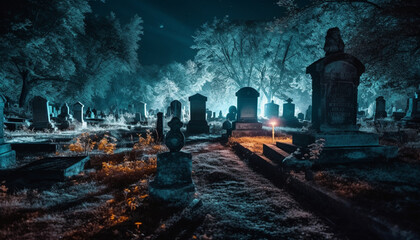 Dark tombstone marks spooky grave of old night horror and religion generated by AI