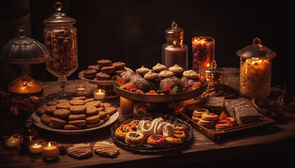 Indulgent homemade chocolate cookies on rustic wood plate with decoration generated by AI