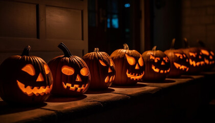 Glowing pumpkin lantern illuminates spooky Halloween night celebration generated by AI