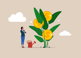 Woman finish watering growing money plant seedling with coin flower. Financial and investment growth. Flat vector illustration - obrazy, fototapety, plakaty