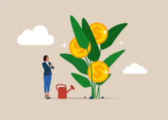 Fotobehang Woman finish watering growing money plant seedling with coin flower. Financial and investment growth. Flat vector illustration © Vadym