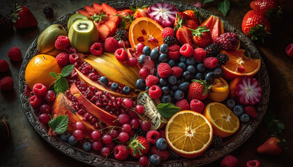 Fresh berry salad with multi colored fruit on a wooden plate generated by AI