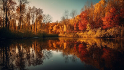Fototapeta premium Tranquil autumn forest reflects vibrant sunset over tranquil pond generated by AI