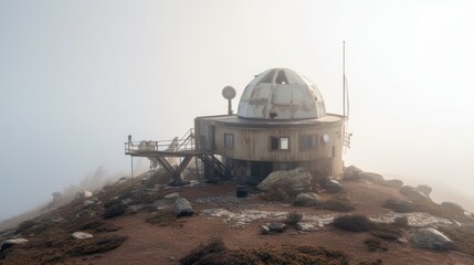 Observatory on a remote mountaintop, now abandoned and engulfed by fog, with broken telescopes and weathered equipment
