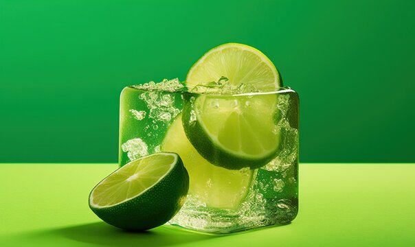  a lime and limeade drink in a glass with ice and lime slices on a green background with a lime wedge in the middle of the glass.  generative ai
