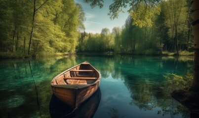  a small boat floating on top of a lake next to a forest filled with green trees and a blue lake surrounded by tall grass and trees.  generative ai