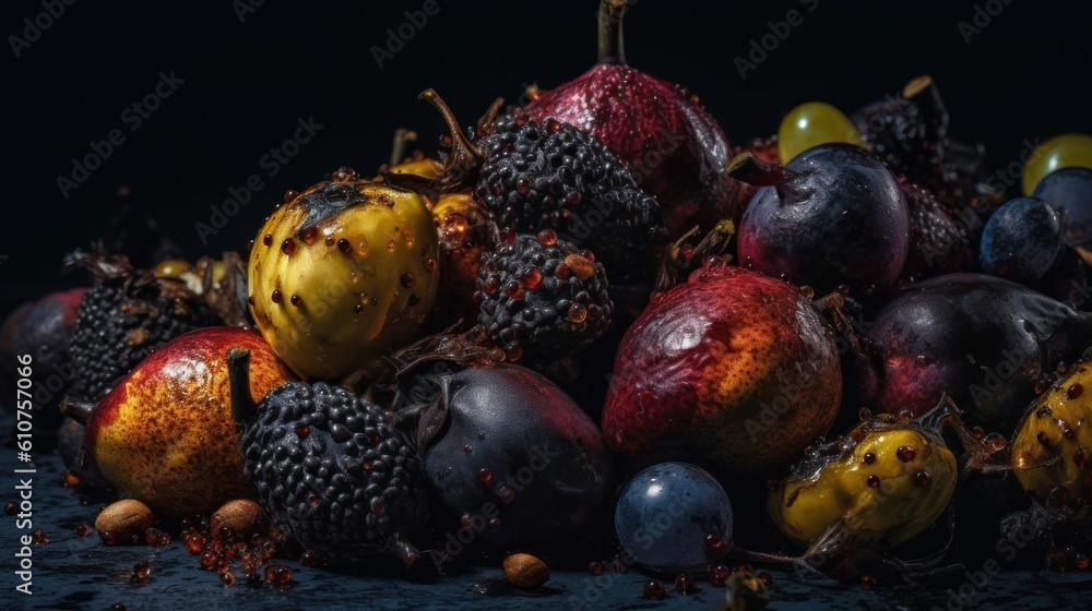 Poster a pile of fruit sitting on top of a table. generative ai image.