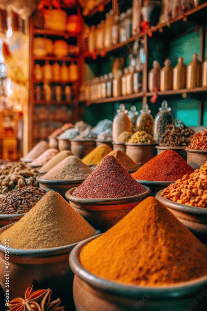 Poster a bunch of bowls filled with different types of spices. generative ai image.