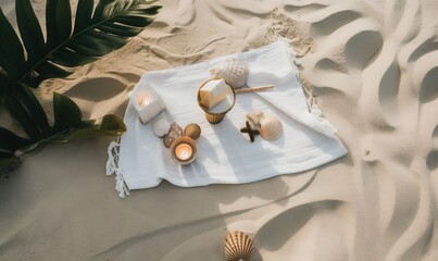  a towel, candle, and seashells on a beach with a palm leaf on the side of the towel and on the sand.  generative ai