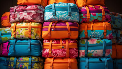 A crowded heap of multi colored luggage for a summer adventure generated by AI