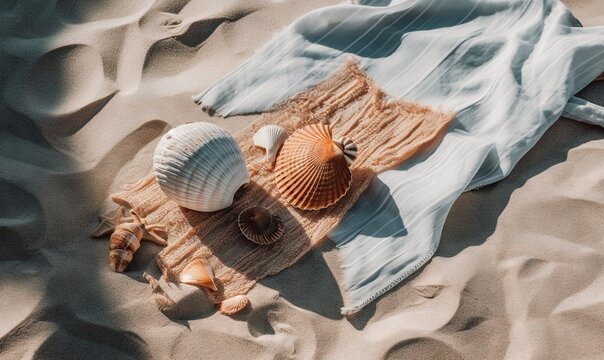 two seashells on a towel on a sandy beach with waves in the background and a towel on the sand with a shell in the foreground.  generative ai