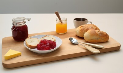  a plate of bread, jam, butter, and buttered bread on a cutting board with butter and jam in a jar on the side.  generative ai