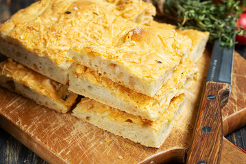 slices of fresh italian focaccho close-up.