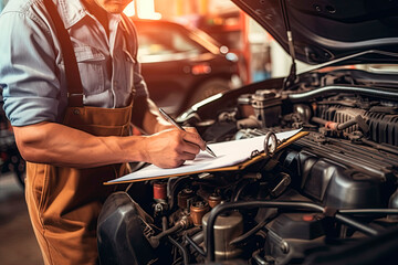 Automobile mechanic repairman checking a car engine by inspecting and writing to the clipboard the checklist for repair machine and car service for maintenance and maintenance check concept