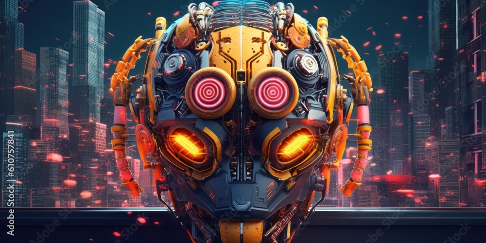 Poster a robot with glowing eyes in front of a city. generative ai image.