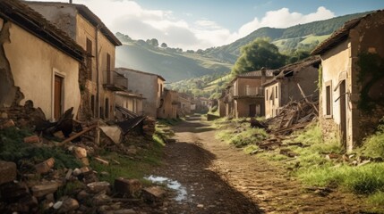 Picturesque village that has fallen into ruin, with collapsed houses, broken fences, and a sense of melancholy