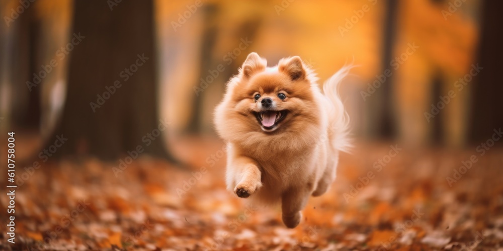 Poster a small dog running through a leaf covered forest. generative ai image.