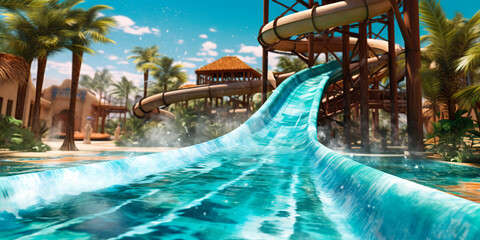 Water slide splashing into a resort pool. Generative AI