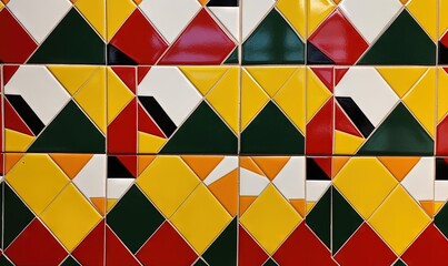  a close up of a wall made of colorful tiles with different shapes and sizes of triangles on it's sides and bottom half of the wall.  generative ai