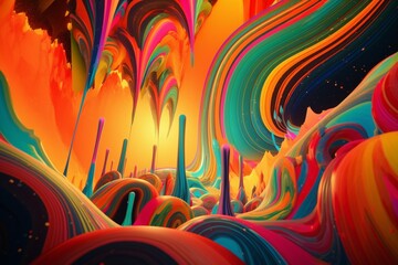 A colorful abstract design with a mix of psychedelic and trippy tones and hues inspired by 1960s counterculture, Generative AI