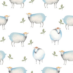 Watercolor sheep seamless pattern illustration - hand drawn, hand painted template on white background for fabric, nursery decor, kids