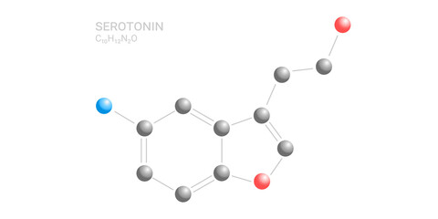 Serotonin neurotransmitter molecule. Happiness hormone. Maintaining serotonin balance for mental well-being, emotional stability, satisfaction, good mood, and human health. Skeletal formula.