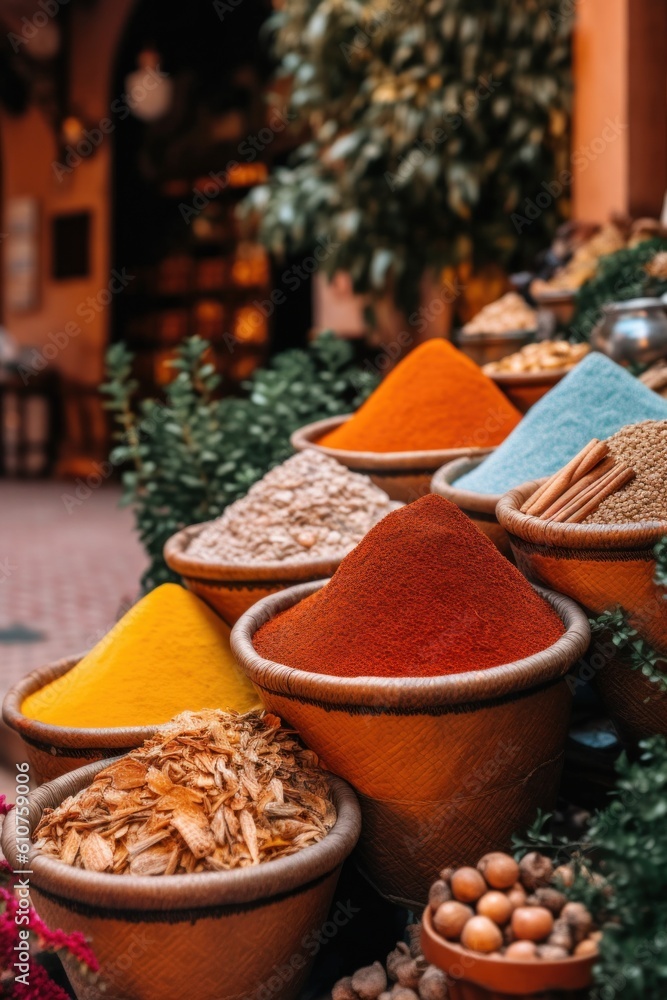 Poster a bunch of bowls filled with different types of spices. generative ai image.