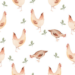Watercolor chickens seamless pattern - bird farm illustration kids nursery template pattern