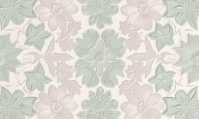  a floral wallpaper with pastel green and pink flowers on a white background with a light green center and a light pink center flower.  generative ai