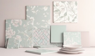  a table topped with plates and cups next to a wall covered in wallpaper and paintings of flowers and leaves on a pink wall behind it.  generative ai