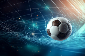 Fototapeta premium Soccer ball flew into the goal. Football ball bends the net, against the background of flashes of light. Soccer ball in goal net on dark blue background. A moment of delight. Generative AI Technology