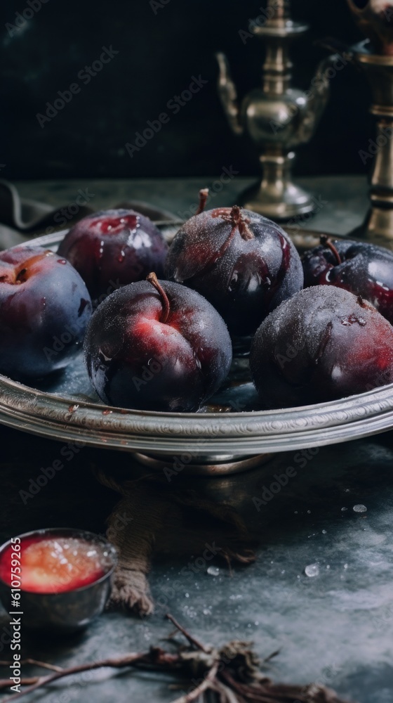 Poster a plate of plums on a table next to a candle. generative ai image.