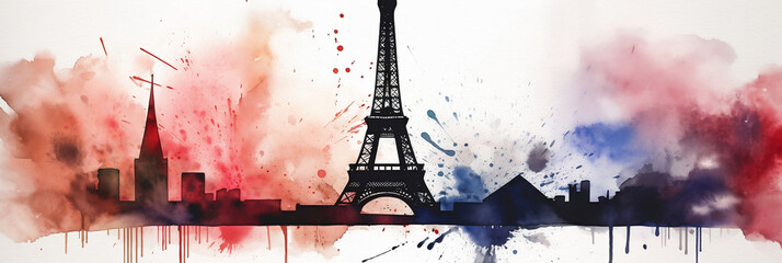 Eiffel Tower painted with watercolors in French flag colors, banner, generative AI