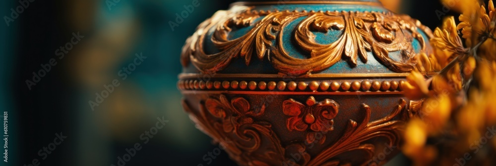 Poster a close up of a vase on a table. generative ai image.