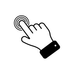 By clicking the finger icon, the hand points to the vector. Pointer click. Cursor arrow icon. Clicking a computer mouse.