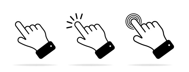 Hand pointer icon. Finger click. Pointer click. Cursor arrow icon. Clicking a computer mouse. Vector illustration on a white background.