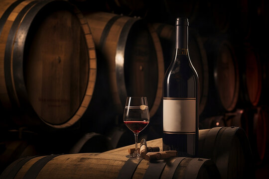 Glass of red wine and bottle with old wooden oak barrel on the background cellar. Traditional winemaking and wine tasting, professional degustation, wine lover, sommelier travel concept. Generative AI
