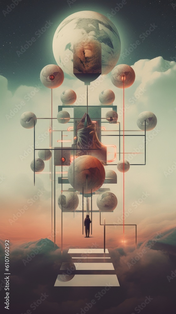 Poster a man standing on a platform in the sky. generative ai image.