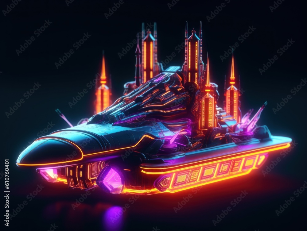 Poster a futuristic spaceship with a futuristic city in the background. generative ai image.
