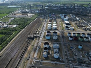 aerial view of Industrial oil refinery bulk storage tank farm, Immingham, 