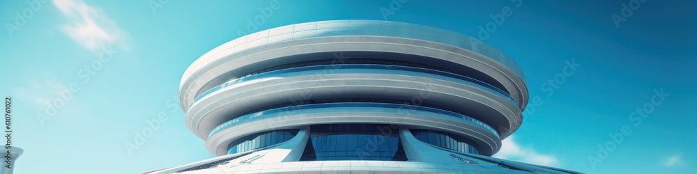Poster a tall building with a circular design on top of it. generative ai image.