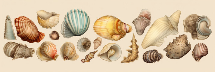 illustration top view set of seashells, banner, generative AI