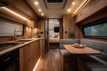 Interior of motor home camping car, furnishing decor of salon area in comfortable modern caravan house design. Relaxation areas for water travel. Travelling and entertainment concept. Generative AI - obrazy, fototapety, plakaty