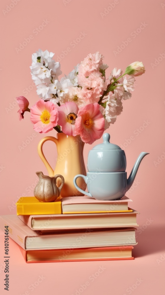 Poster a vase of flowers sitting on top of a stack of books. generative ai image.