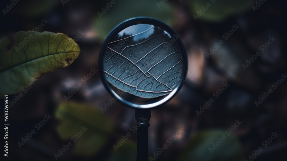 Poster a close up of a magnifying lens with a leaf on it. generative ai image.