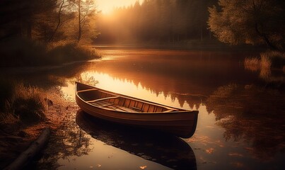  a boat is sitting on the water in a lake at sunset or sunrise or sunset, with the sun shining through the trees and the water.  generative ai